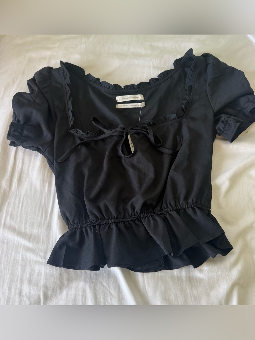 Urban Outfitters Black Ruffle Tie-Neck Peplum Blouse